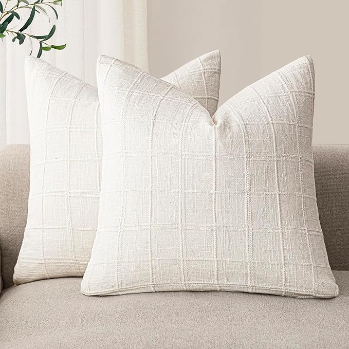 Foindtower Set of 2 Decorative Linen Check Throw Pillow Covers Neutral by Foindtower