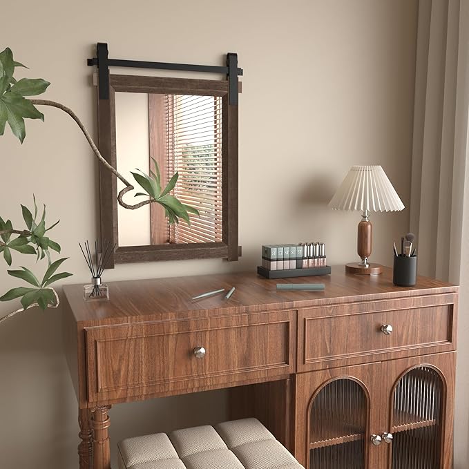 Farmhouse Barn Door Mirror: 22"x30" Black Rustic Wood Frame Mirror - Image 3