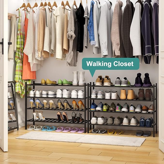 Black 4-Tier Long Shoe Rack, Bamboo Wood - Image 5