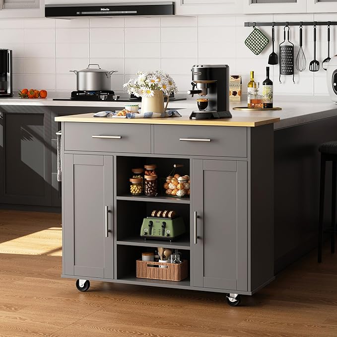 Shintenchi Kitchen Island with Storage, Kitchen Island Cart on Wheels with 3 - Image 7