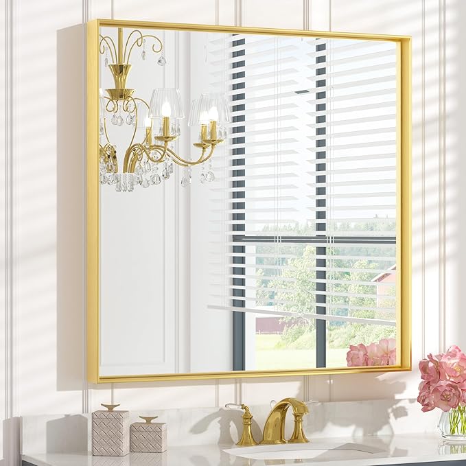 Keonjinn Brushed Gold Bathroom Mirror 36 x 36 Inch Gold Wall Square Mirror by Keonjinn