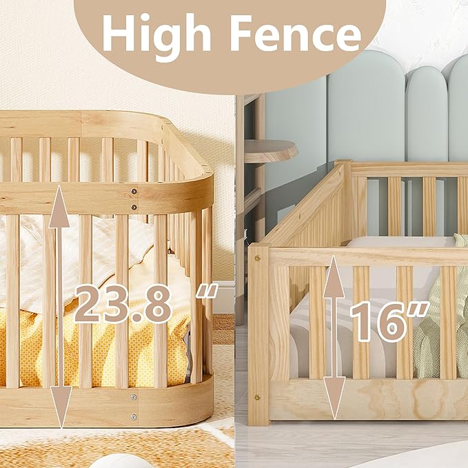 Bellemave Twin Floor Bed with High Fence and Rounded Corner Design, Wood - Image 5