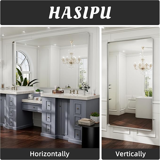 Hasipu Brushed Silver Bathroom Mirror 63x35 Inch Rounded Rectangle Vanity - Image 3