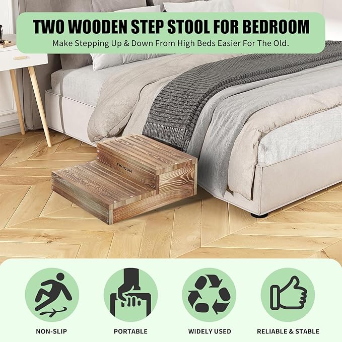 Wooden 2 Step Stool for High Beds, Moderate & Applicable 2-Step Stools for - Image 3