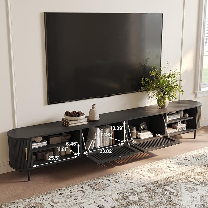 POVISON Sliding Tambour Door TV Stand, Mid Century Modern TV Console, Wood - Image 3