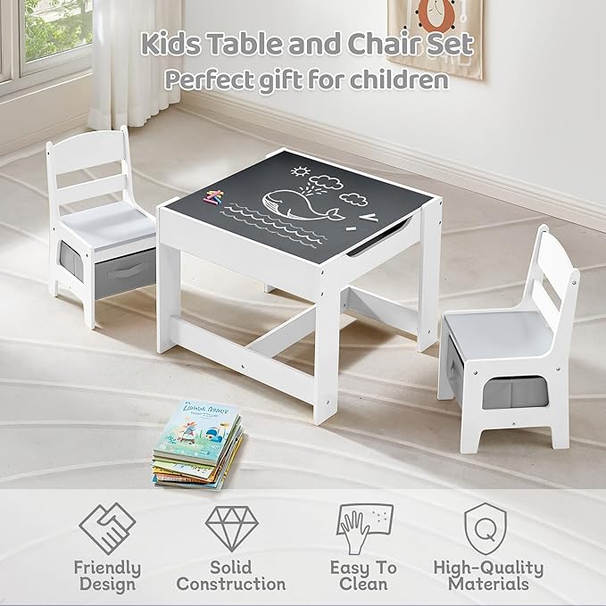 Kids Table and Chairs Set, 4 in 1 Wooden Kids Table - Image 7