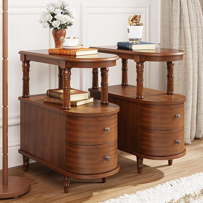 2 Set of Wood End Table with 2 Drawers and Storage Shelf, Narrow Sofa Side Table by MIAUWUUFHOME
