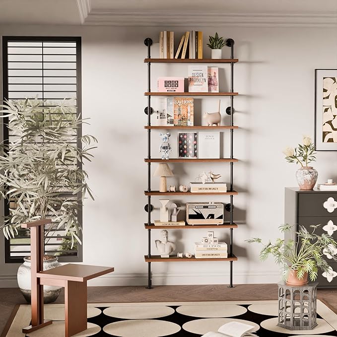 7 Tier Industrial Ladder Shelf Bookcase, Wall Mounted Rustic Bookshelf - Image 4
