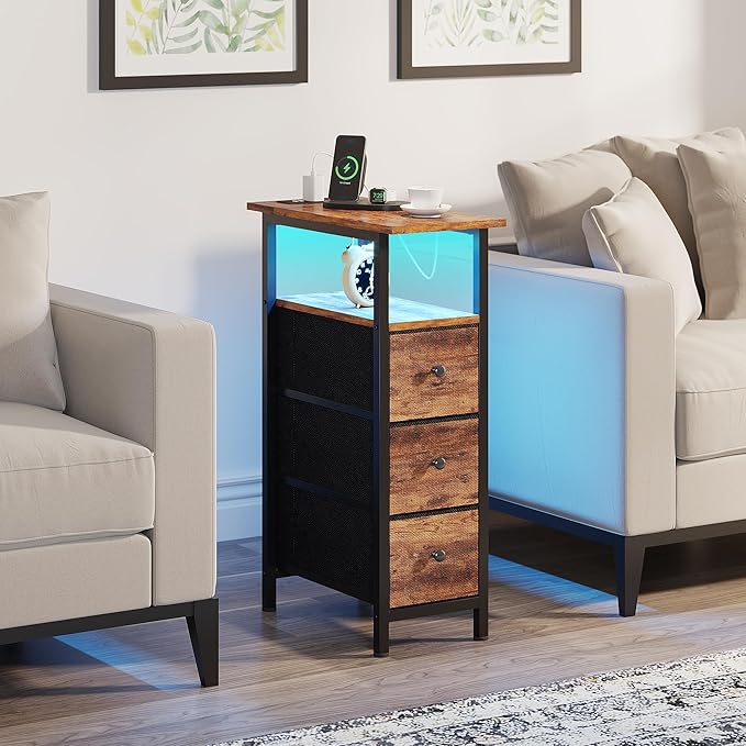 End Table with Charging Station, Narrow Side Table with 3 Fabric Drawers - Image 8