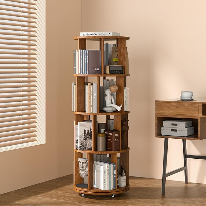 4 Tier Rotating Bookshelf Tower, 360 Spinning Bookcase Carousel by IUNVR