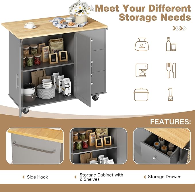 Shintenchi Kitchen Island with Folding Drop Leaf, Rolling Island Table with - Image 6