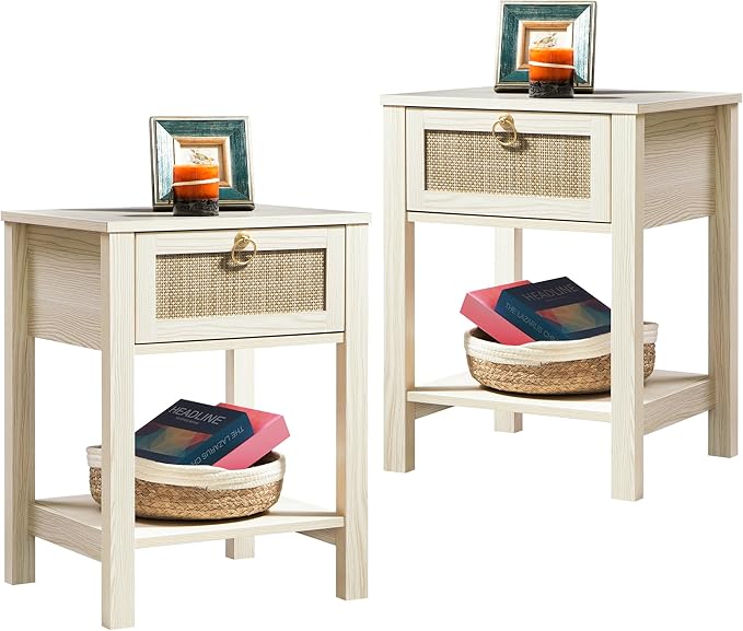 SICOTAS White Nightstand Set of 2, Rattan Decor Drawer by SICOTAS