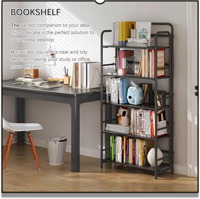 4NM No Assembly Folding Bookshelf 5 Tiers Vintage Industrial Black Book Shelf - Image 3