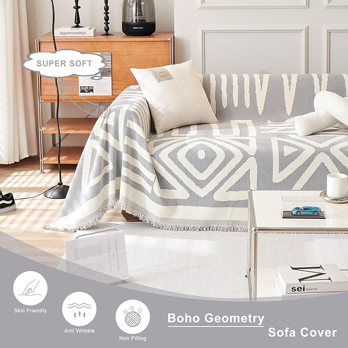 STACYPIK Dark Gray Couch Cover, Boho Chenille Sofa Covers Pet-Friendly - Image 2
