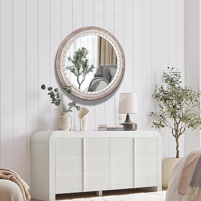 32" Farmhouse Wooden Decorative Round Mirrors - Image 7