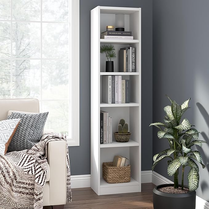 Bush Furniture Universal 17W Narrow 5 Shelf Bookcase in White, Tall Skinny - Image 2