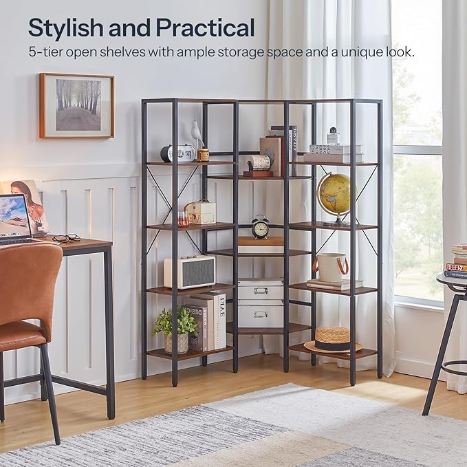 HOOBRO Industrial Corner Bookshelf, 5-Tier L-Shaped Bookcase, Open Display - Image 8