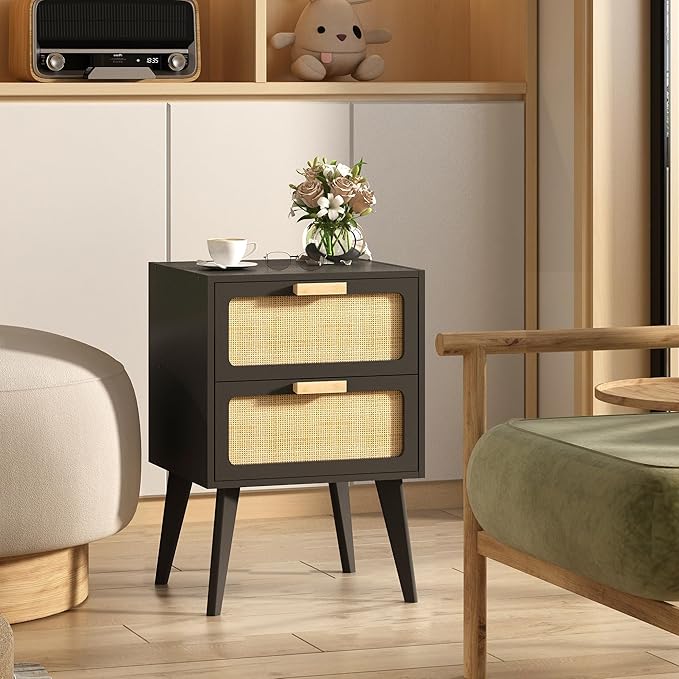 Rattan Nightstand Set of 2, Mid Century Modern Bedside Table - Image 2