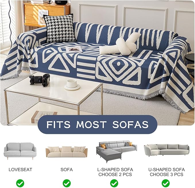 STACYPIK Modern Boho Couch Covers, Non Slip Blue Geometric Sofa Cover - Image 7