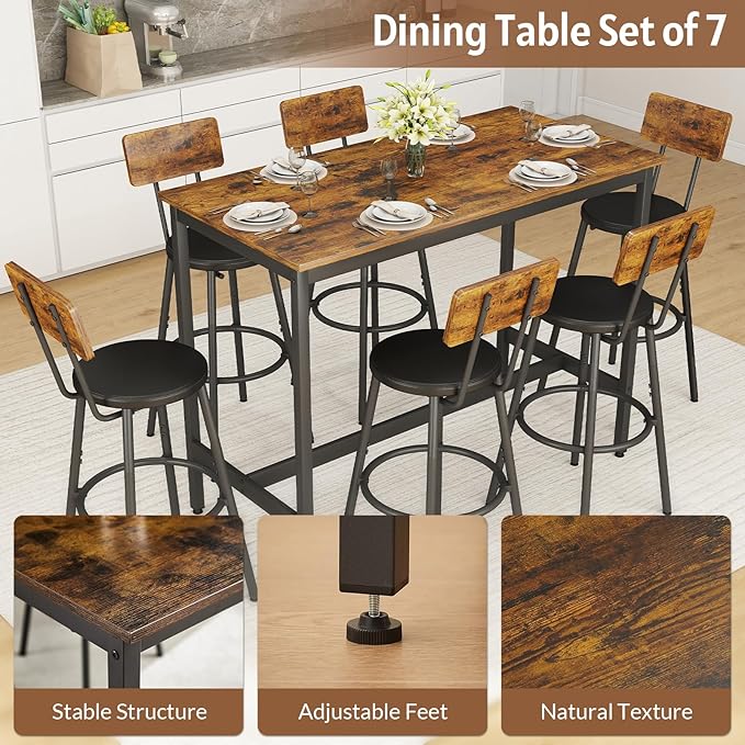 Rovibek Dining Table Set for 6, Bar Table and Chairs Set, Modern 6 Piece High - Image 4