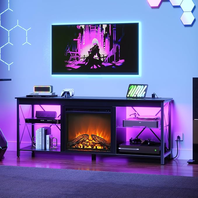 HOOBRO Fireplace TV Stand with Charging Station and LED Lights, TV Stand with by HOOBRO