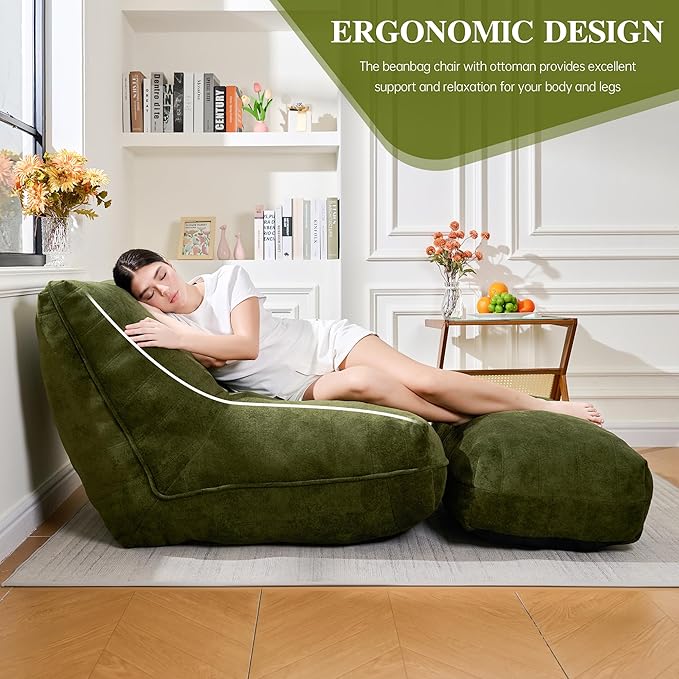 Bean Bag Chair with Ottoman, Comfy Bean Bag Sofa with Memory Foam, Lazy BeanBag - Image 4
