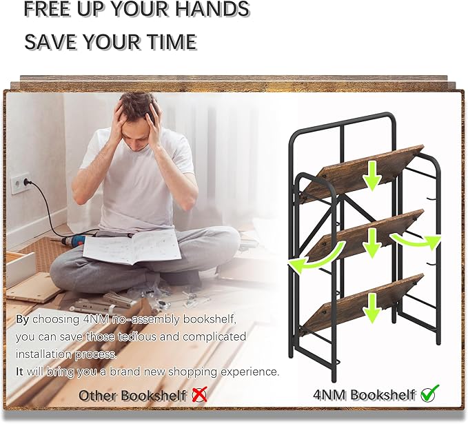 4NM No Assembly Folding Bookshelf 3 Tiers Vintage Industrial Black Book Shelf - Image 6