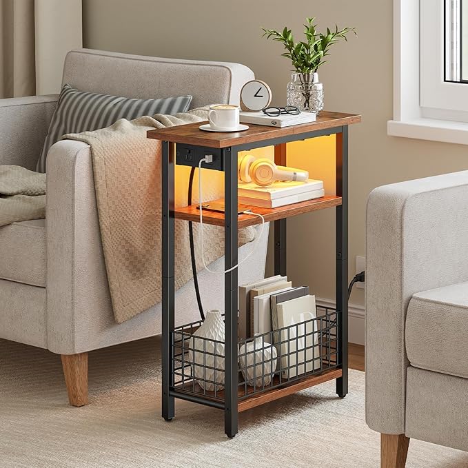 HOOBRO Narrow Side Table with Charging Station and LED Light, Small End Table - Image 3