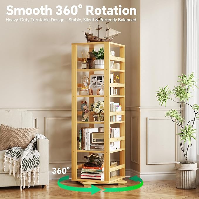 Homykic Rotating Bookshelf, Bamboo 360 Display Spinning Bookshelf Tower - Image 7
