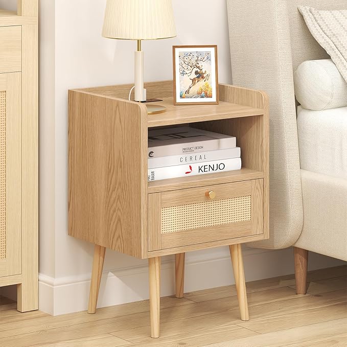 Nightstand Rattan with Charging Station, Mid Century Modern Bed Side Table - Image 2