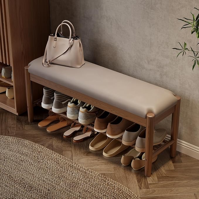 Shoe Bench Entryway with Cushion, Solid Wood Bench with Shoe Storage, 2-Tier by AQIMUELE-Solidwoodfurniture
