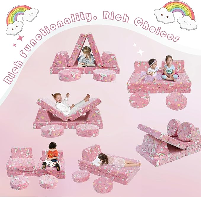 MeMoreCool Modular Pink Unicorn Glow-in-The-Dark Kids Play Couch, 8-Piece - Image 5