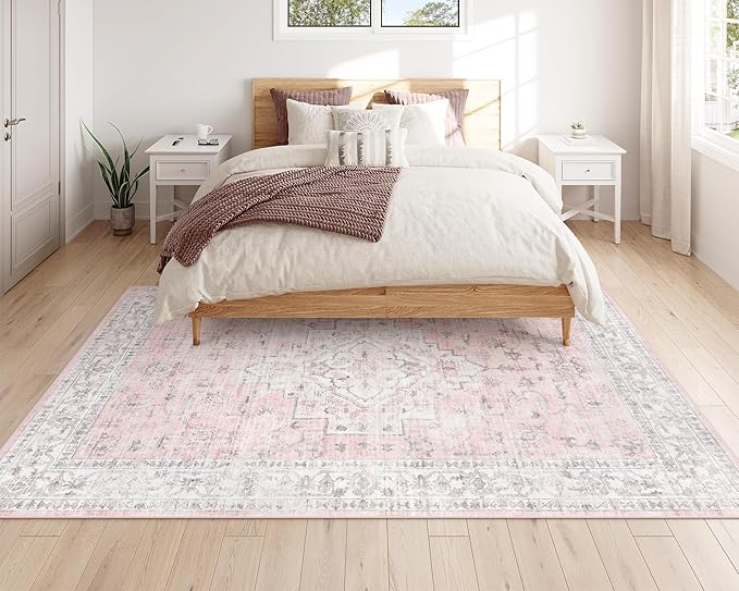 LIVEBOX Pink 5x7 Area Rug for Bedroom Girls, Boho Washable Rugs for Living Room - Image 2