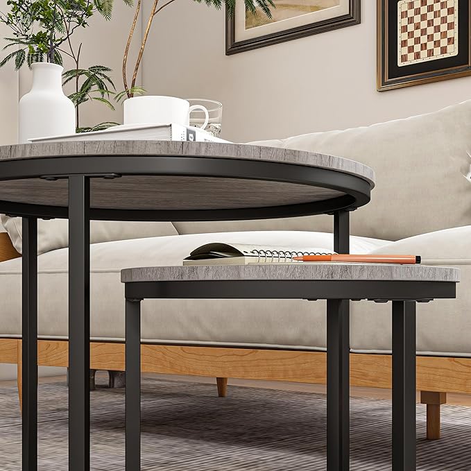 Round Coffee Table Set of 2 for Living Room, Nesting Tables Metal Frame/Wood - Image 4
