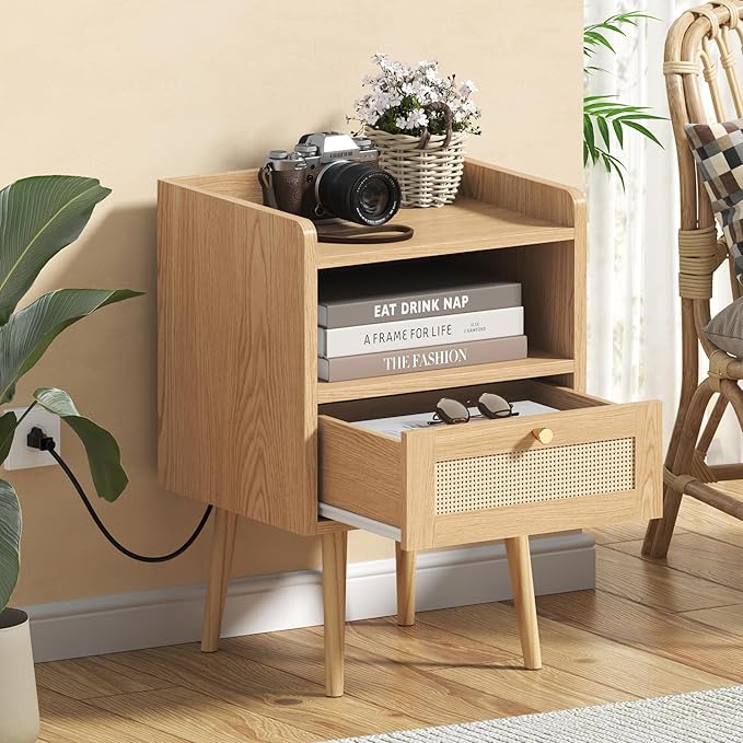 Nightstand Rattan with Charging Station, Mid Century Modern Bed Side Table - Image 4