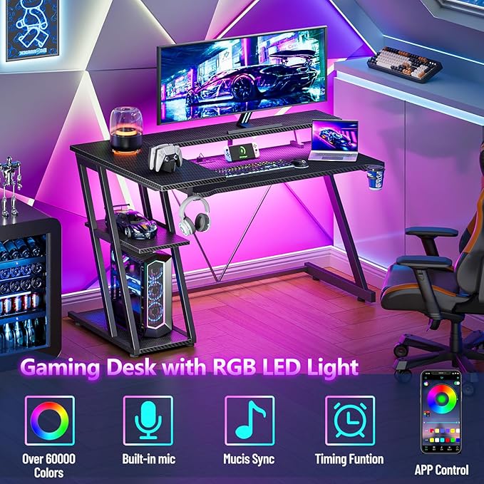 47 Inch Gaming Desk with Power Outlet & LED Lights, Corner Computer Desk with 3 - Image 4