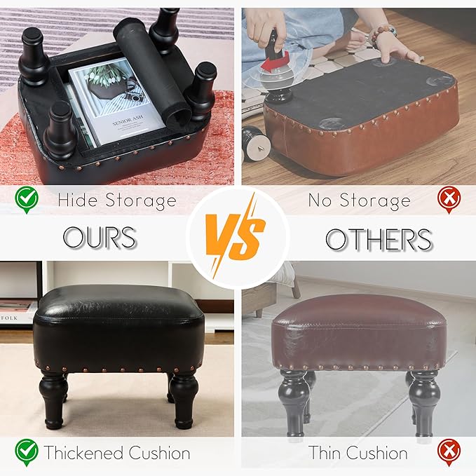 Ottoman Leather Foot Rest with Thicker Foam Padded Seat, Footstool with Wooden - Image 2