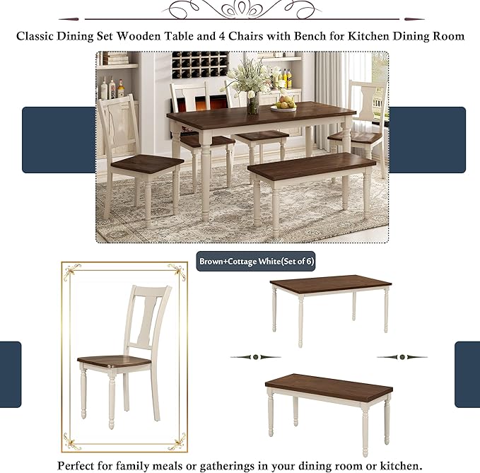 6 Pieces Dining Table Set with 60" Rectangle Kitchen Desk, Living Room - Image 7