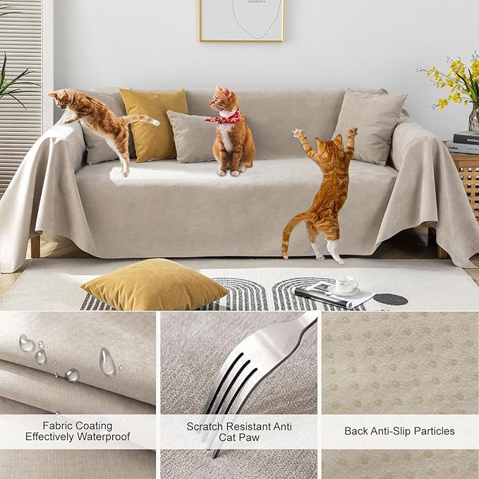 STACYPIK 100% Waterproof Beige Couch Cover, Anti-Scratch Sofa Cover - Image 4