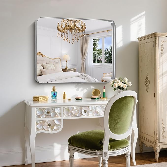 FORBATH 30x36 Inch Bathroom Mirror, Brushed Silver Deep Frame Wall Mirror - Image 4