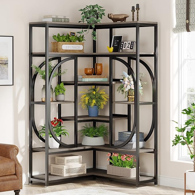 LITTLE TREE Large Corner Bookshelf Industrial Bookcase - Image 5