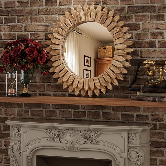 24 Inch Brown Boho Wall Decor Sunburst Mirror - Image 5