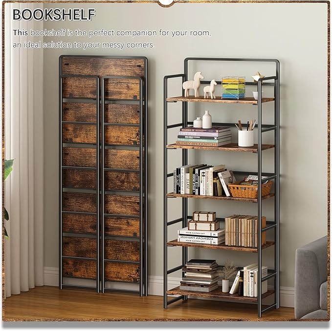 4NM No-Assembly 5 Tiers Folding Bookshelf Storage Shelves Vintage Bookcase - Image 3