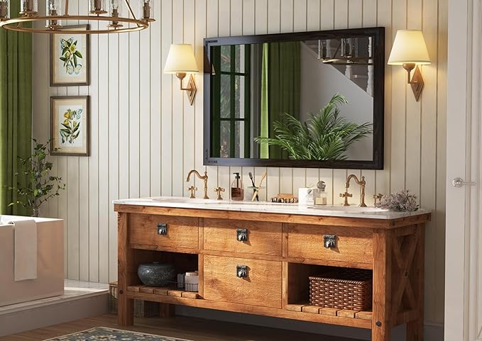 VocalStar Black Wood Framed Mirror 48 x 32 Inch, Rustic Natural Black Wooden - Image 2