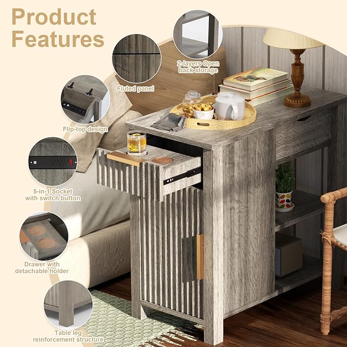 End Table with Charging Station 24'' Nightstand with Charging Station Vintage - Image 3