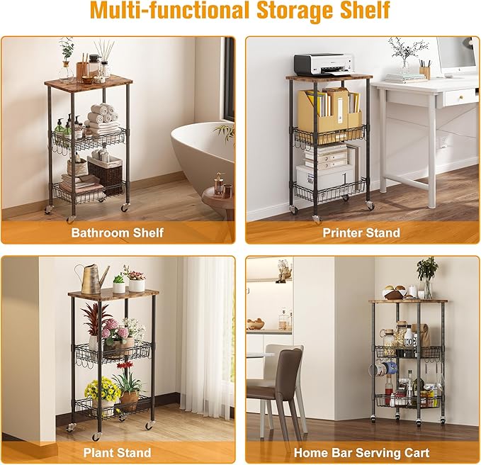 Rolling Kitchen Storage Cart, 3-Tier Storage Rack on Caster Wheels - Image 8