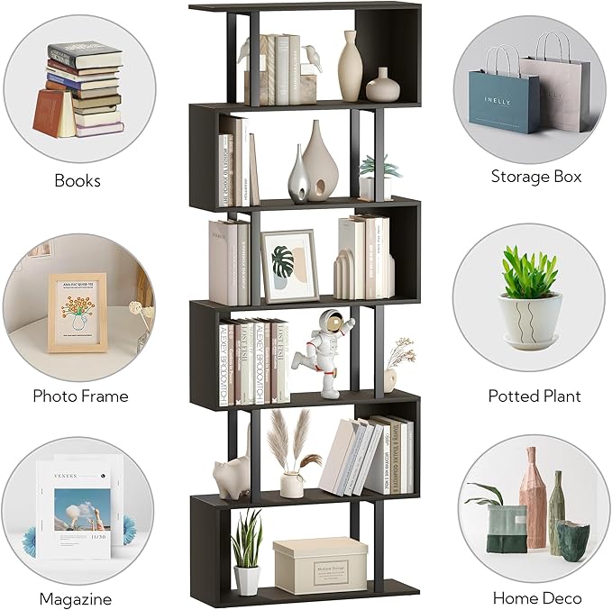 Yusong S Shaped Bookshelf, Modern Geometric Bookcase, 6-Tier Black Display Case - Image 7