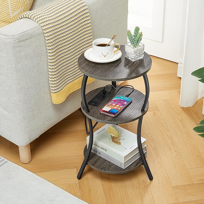 Small Round Side Table with Charging Station, 3-Tier Waist Circular End Table - Image 2