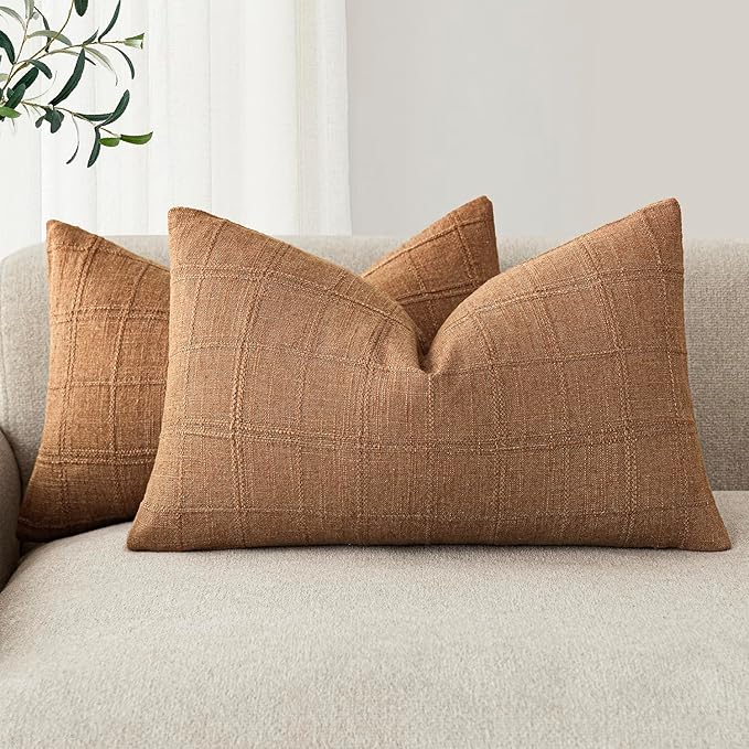 Foindtower Set of 2 Decorative Linen Check Throw Pillow Covers Neutral by Foindtower