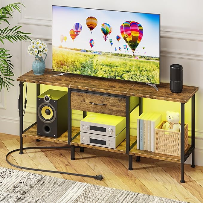 LED TV Stand with Power Outlet and Fabric Drawer by GYIIYUO